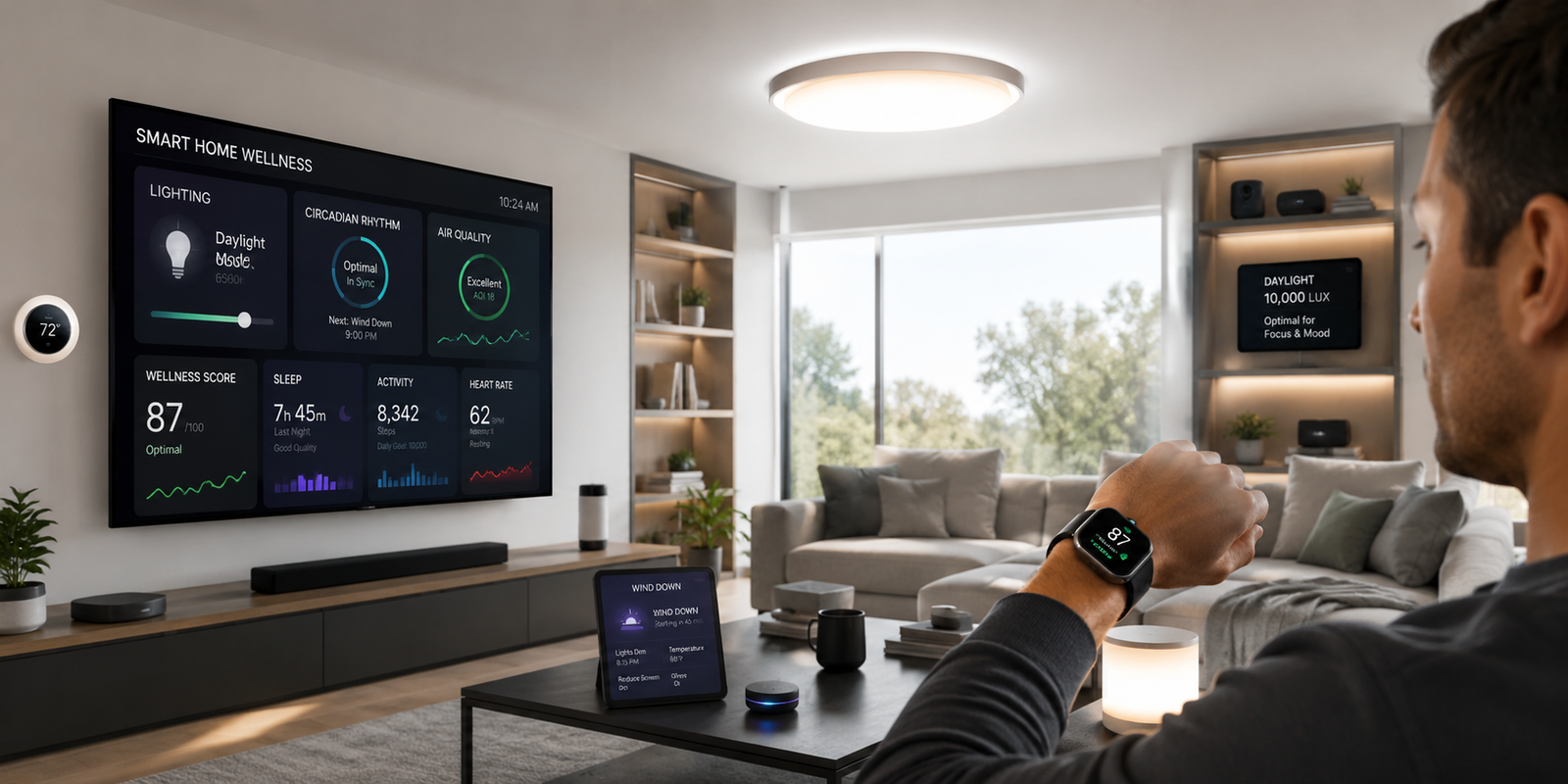 Smart home wellness technology with a smartwatch, smart lighting, and health tracking devices for better sleep and health.