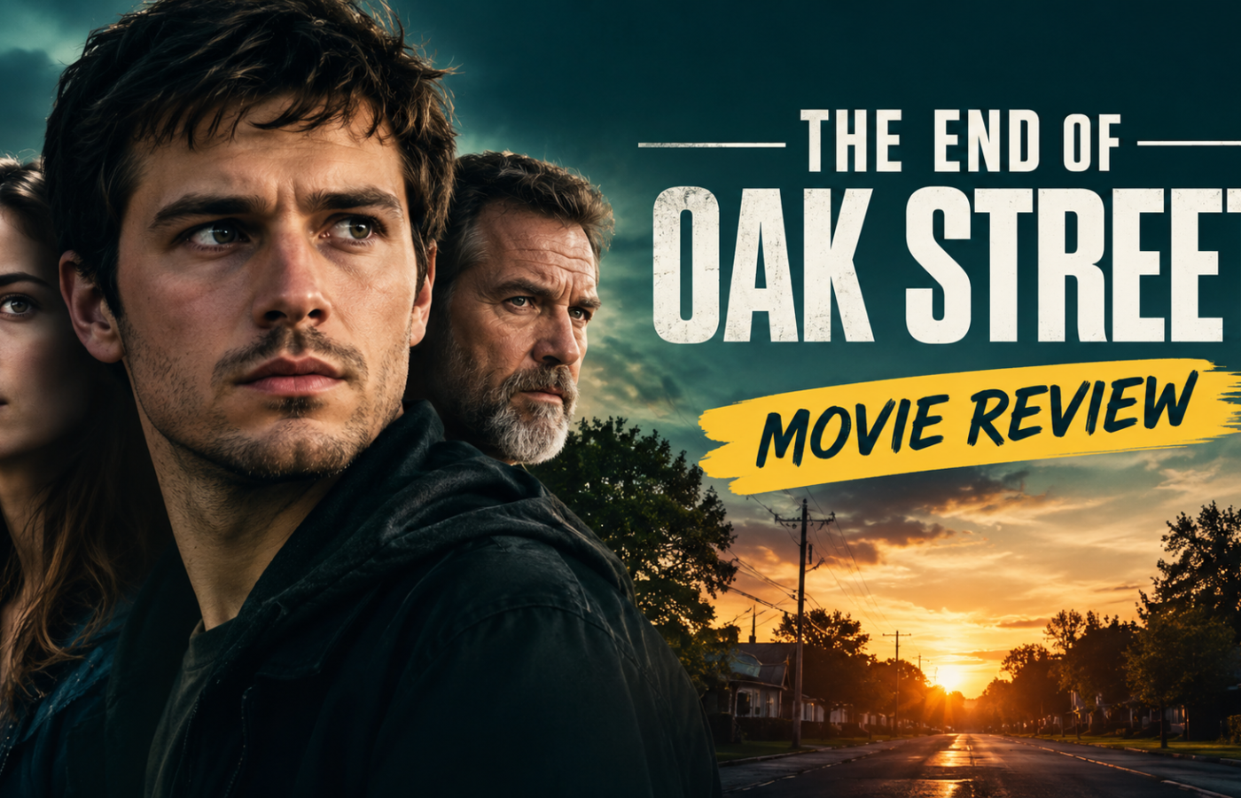 The End of Oak Street movie review featured image with dramatic character portraits and a sunset street.