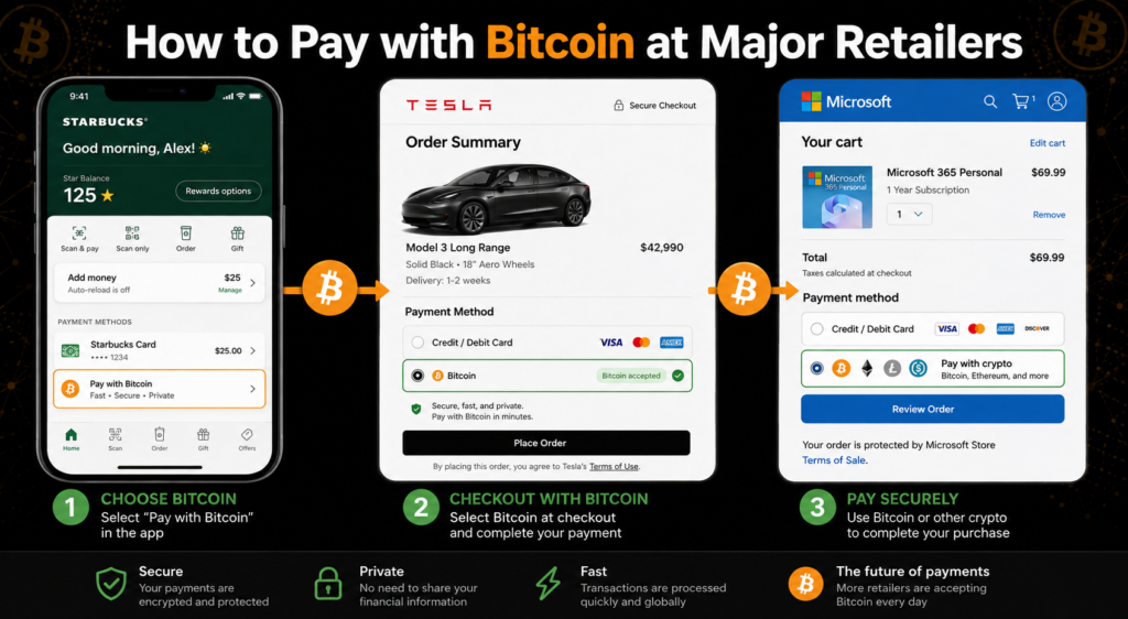 Image showing how to pay with Bitcoin at Starbucks, Tesla, and Microsoft using mobile wallet apps and payment buttons"