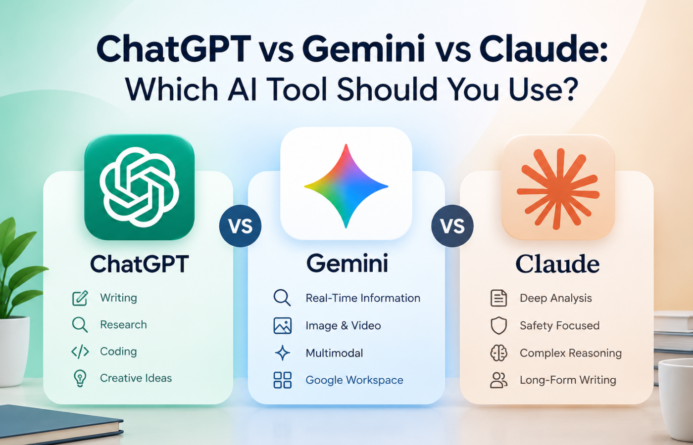 ChatGPT vs Gemini vs Claude feature image banner comparing AI tools with text Which AI Tool Should You Use.